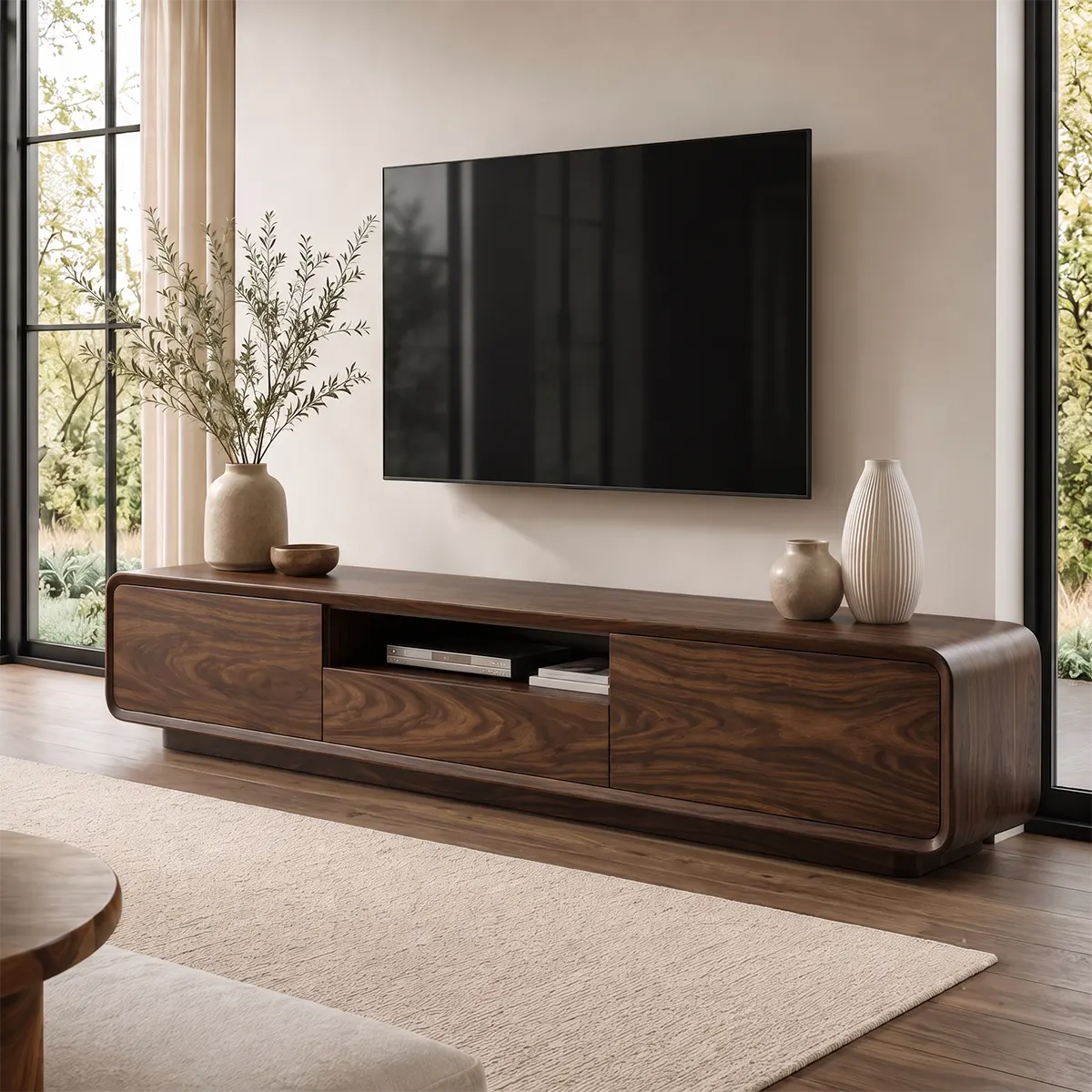 Modern Curved TV Stand with Drawer, Cabinet & Open Shelf | Low Profile Media Console