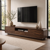Modern Curved TV Stand with Drawer, Cabinet & Open Shelf | Low Profile Media Console