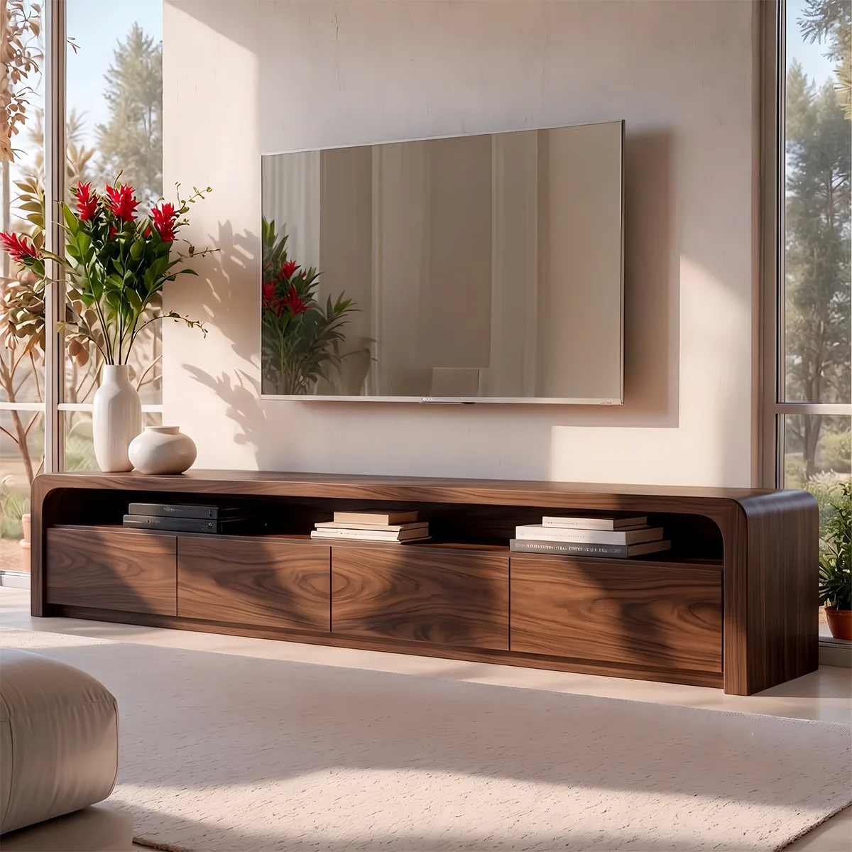 Modern TV Stand with 4 Enclosed Storage Compartments & Long Open Shelf