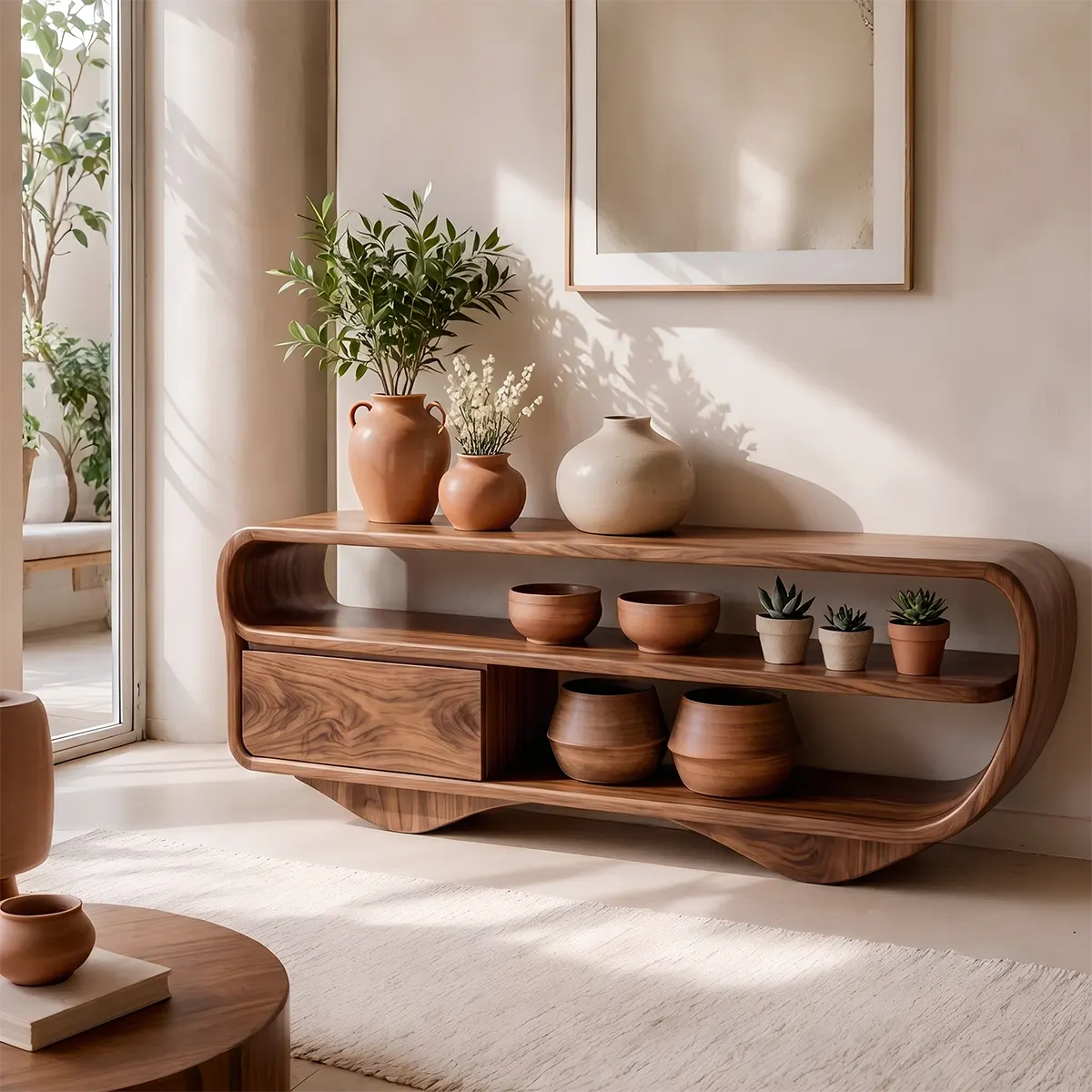 Modern Organic Console Table with Storage Drawer & Open Shelves for Entryway TT006-6372