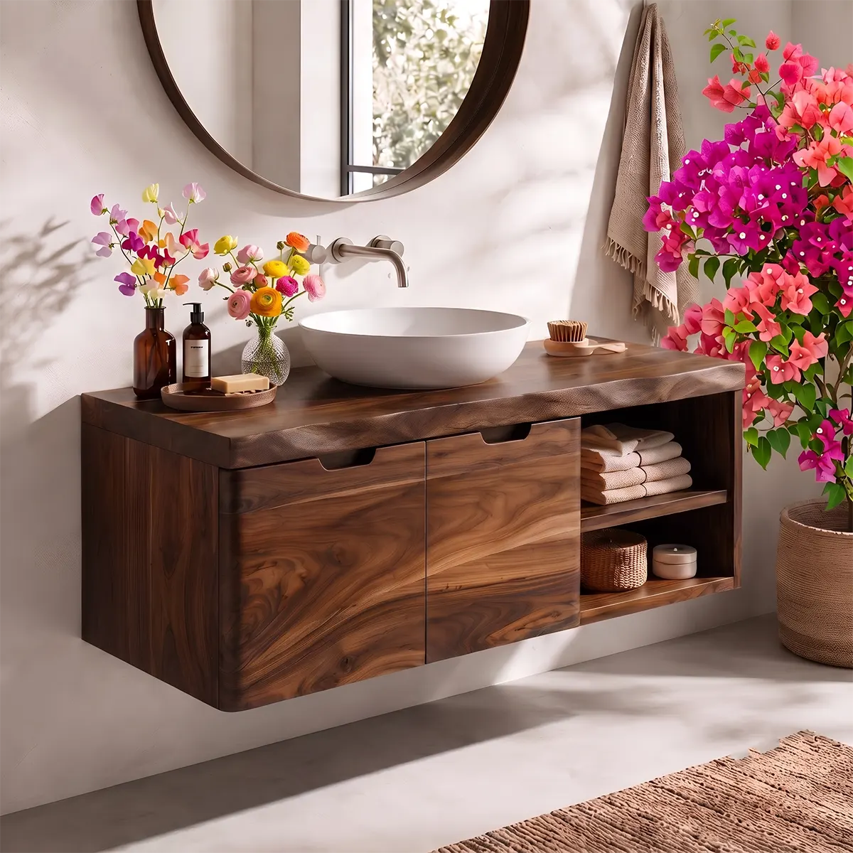 Floating Solid Wood Bathroom Vanity | Wall Mounted Single Sink Vanity with Double-Door Cabinet & Open Side Shelves TT006-8RLE6IL