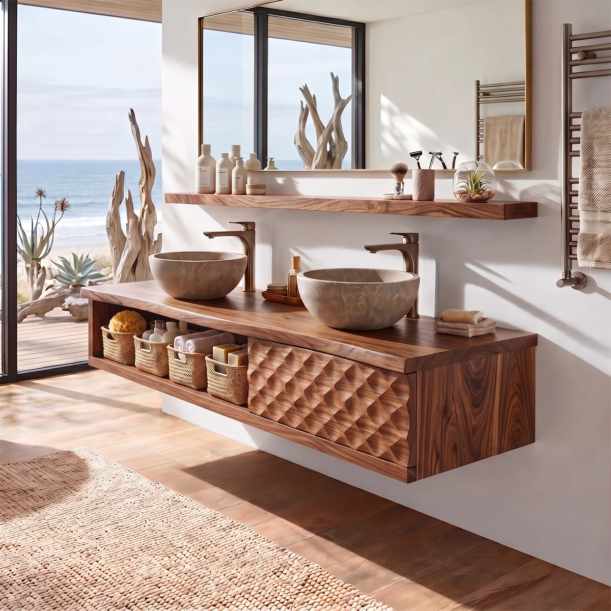 Floating Double Sink Solid Wood Bathroom Vanity | Modern Wood Vanity with Open Shelf & Carved Hinged Cabinet TT006-1ERI1VM