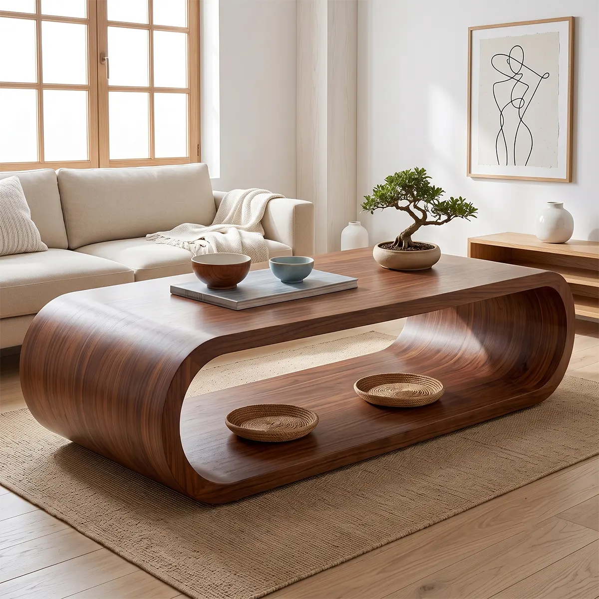 Solid Wood Waterfall Coffee Table with Open Storage | Modern Organic Living Room Table