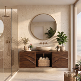 Floating Bathroom Vanity with 2 Sculpted Wave Doors & Center Open Storage Compartment