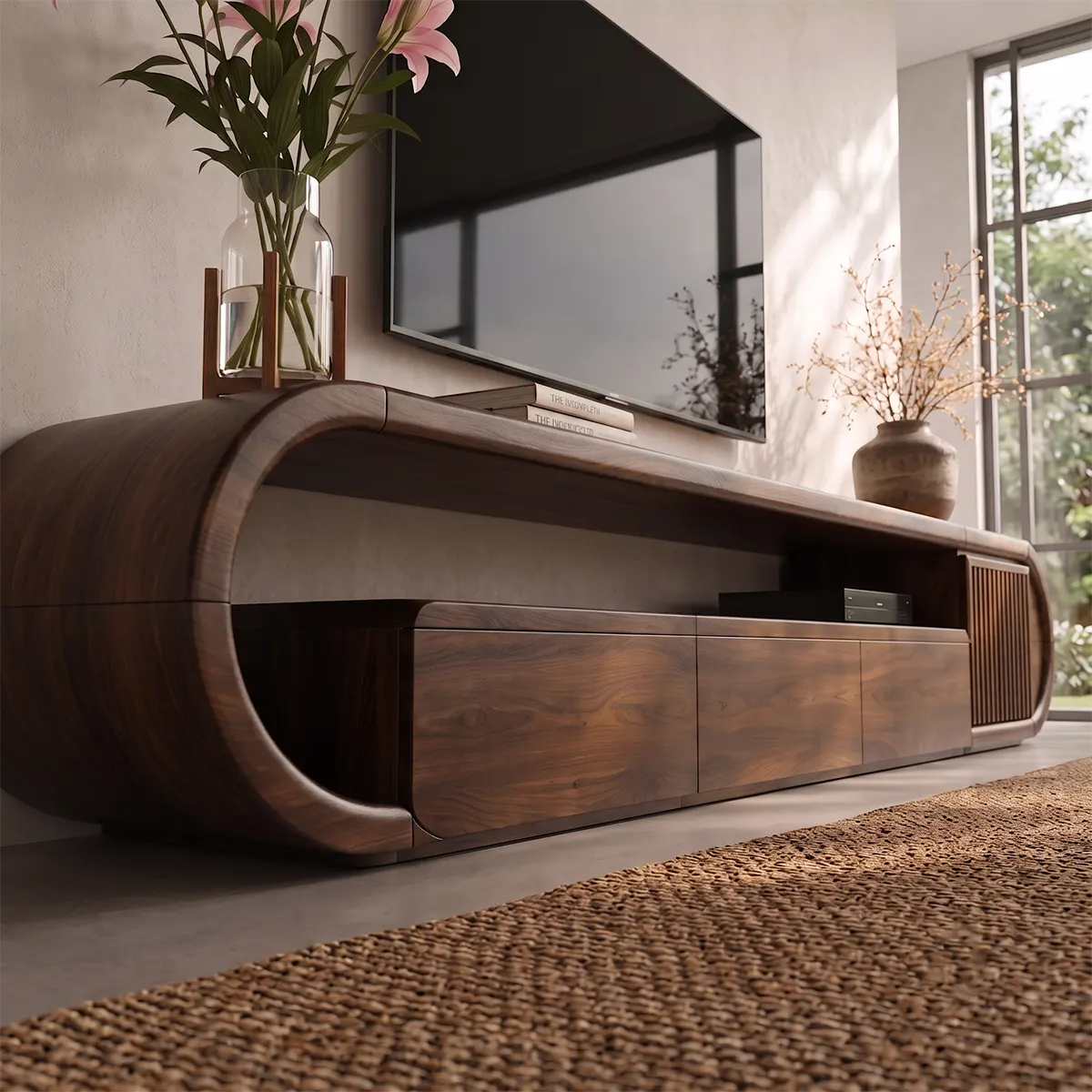 Modern TV Stand with 3 Drawers, Open Shelf & Fluted Cabinet | Curved Media Console