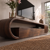 Modern TV Stand with 3 Drawers, Open Shelf & Fluted Cabinet | Curved Media Console