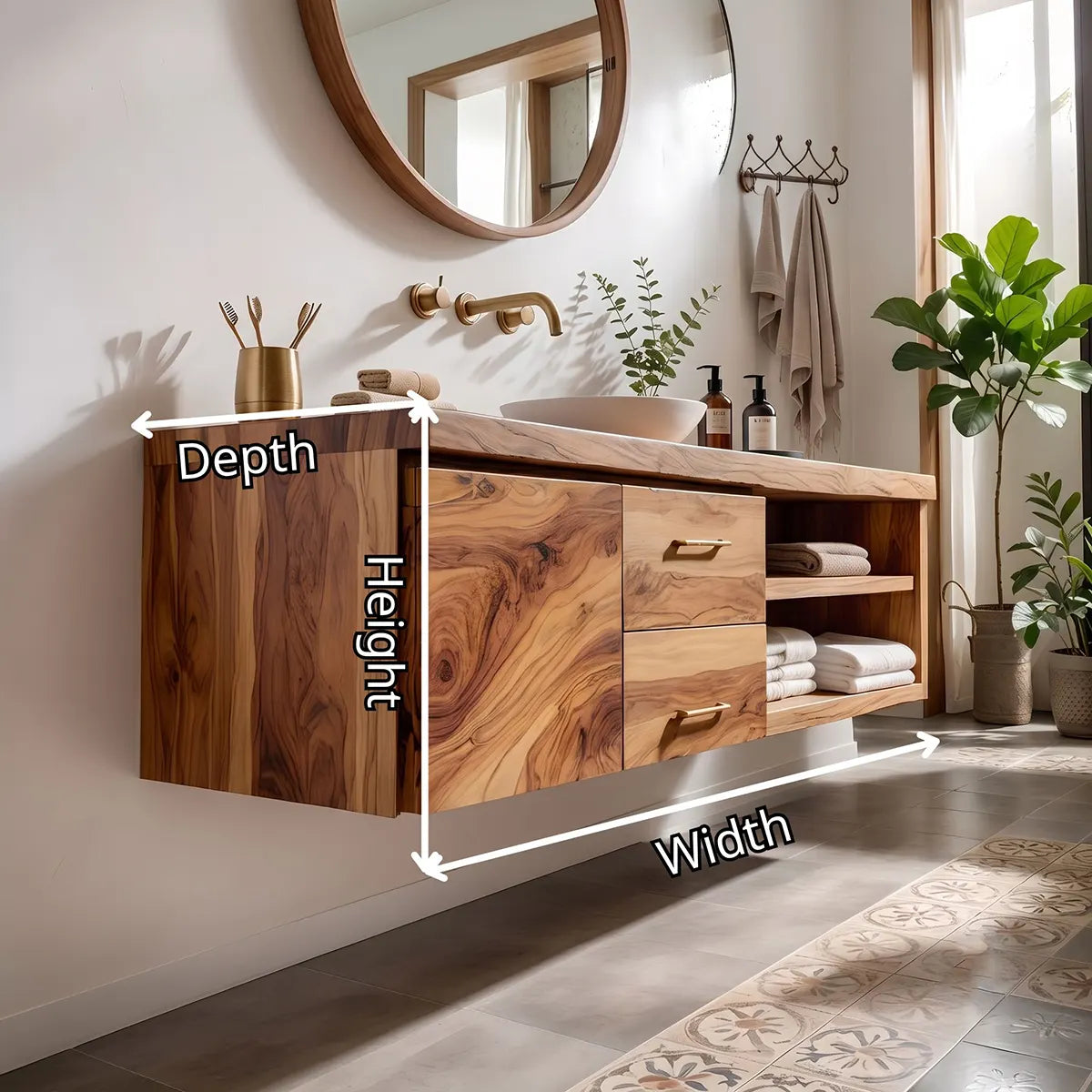 Floating Solid Wood Bathroom Vanity | Live Edge Wood Vanity with Soft-Close Drawers & Open Shelves TT006-1WVD8ID