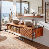 Floating Double Sink Solid Wood Bathroom Vanity | Modern Wood Vanity with Open Shelf & Carved Hinged Cabinet TT006-1ERI1VM