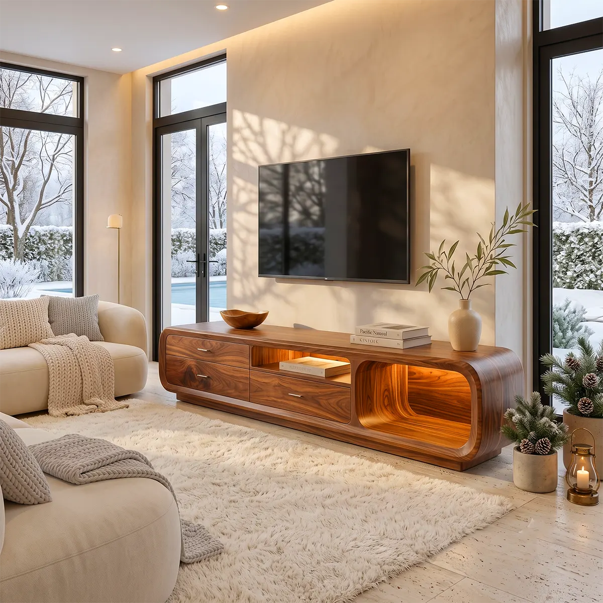 Modern Curved TV Stand with 3 Drawers & Open Media Storage | Sculptural Low Profile Entertainment Console