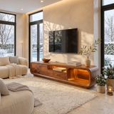 Modern Curved TV Stand with 3 Drawers & Open Media Storage | Sculptural Low Profile Entertainment Console