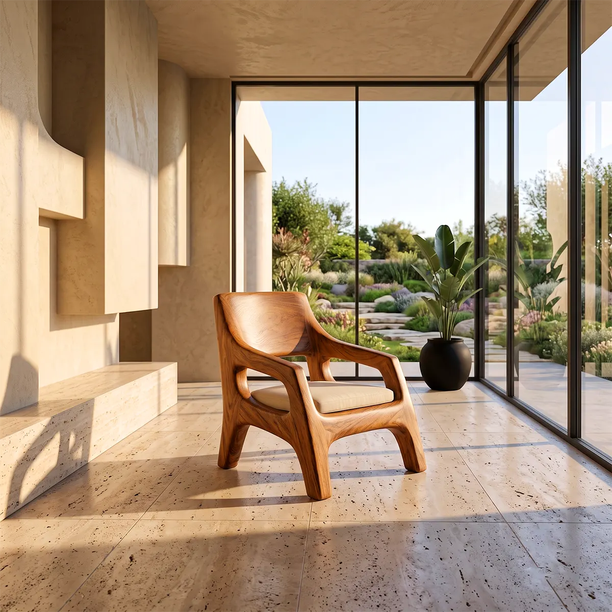 Sculptural Curved Lounge Chair | Modern Organic Accent Chair with Open Arms