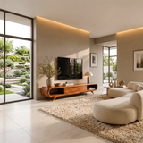 Sculptural Curved TV Stand with Open Shelves & Concealed Storage | Modern Low Profile Media Console