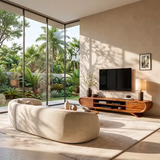 Sculptural Curved TV Stand with Open Media Shelves & Concealed Storage | Modern Entertainment Console