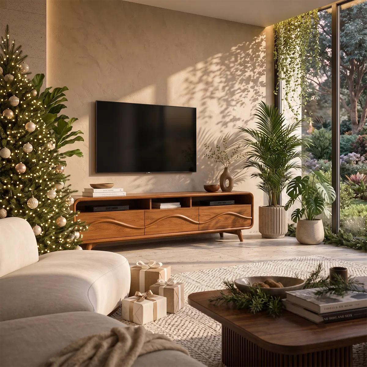 Modern Wave Front TV Stand with 3 Drawers & Open Storage | Curved Entertainment Console